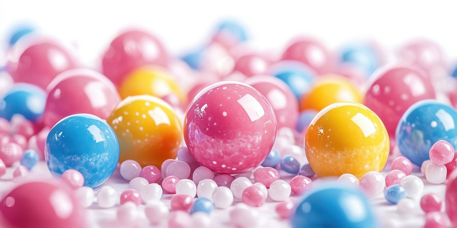 Colorful candy balls and sprinkles scattered across a bright background create a playful and enticing dessert atmosphere